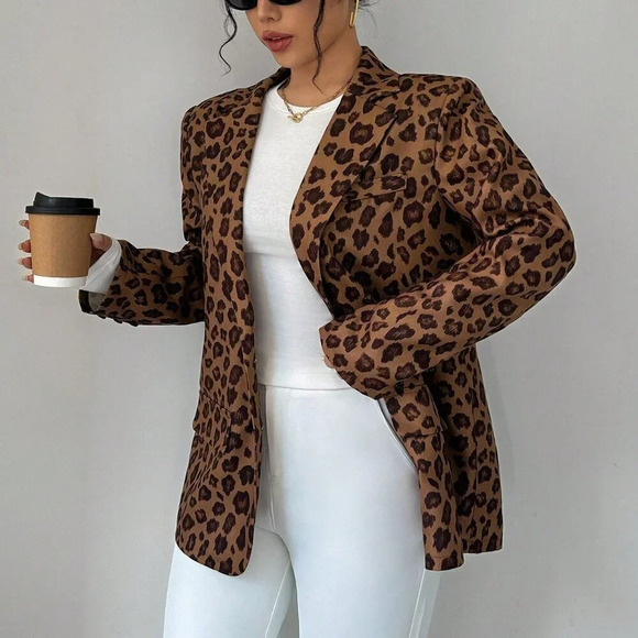 Jackets & Blazers - Brown Casual Women's Leopard Print Blazer